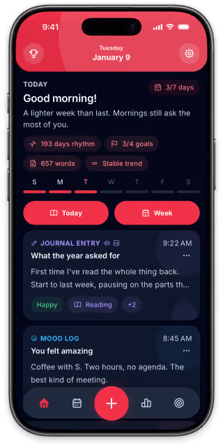 Home screen with journal, mood and pattern summaries
