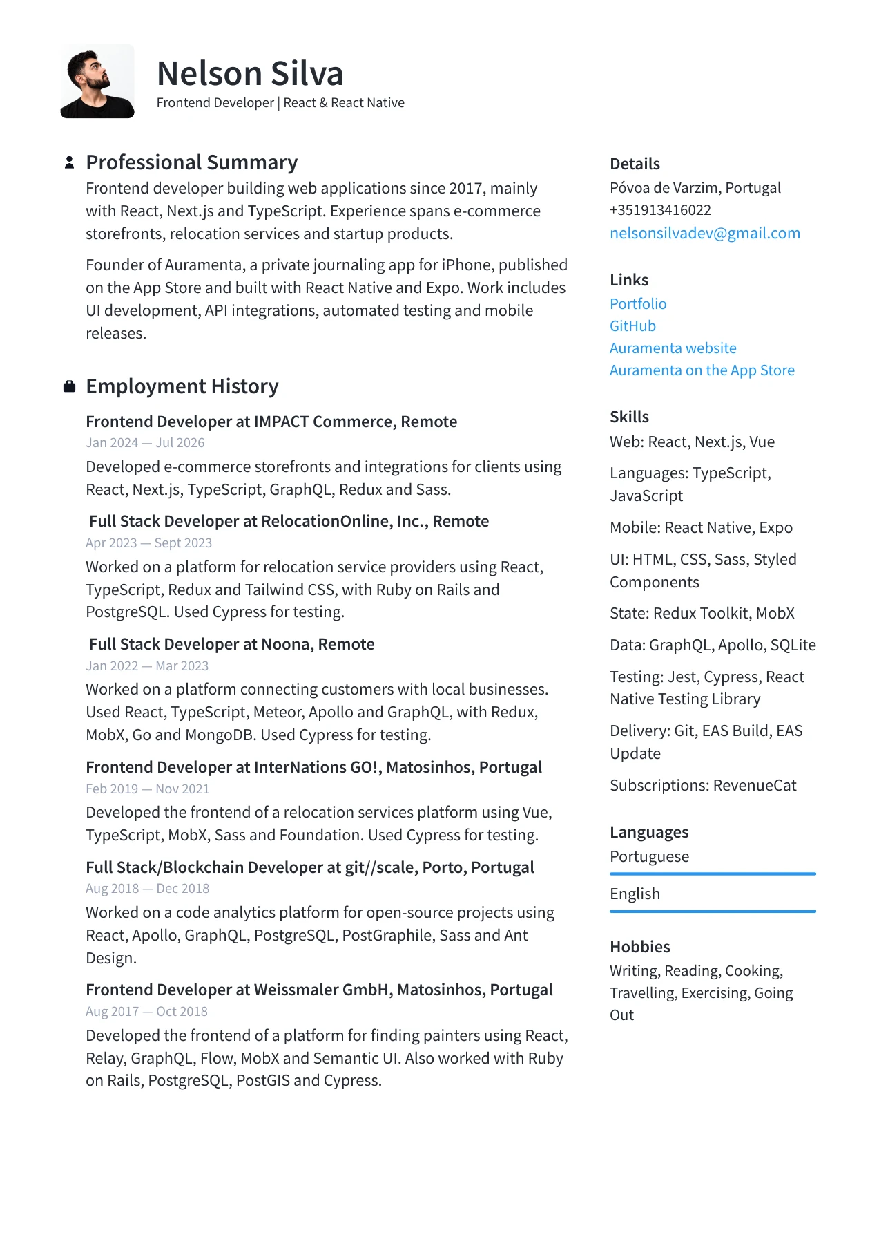 Resume page 1: professional summary, employment history, contact details and skills. Open the PDF for selectable text.