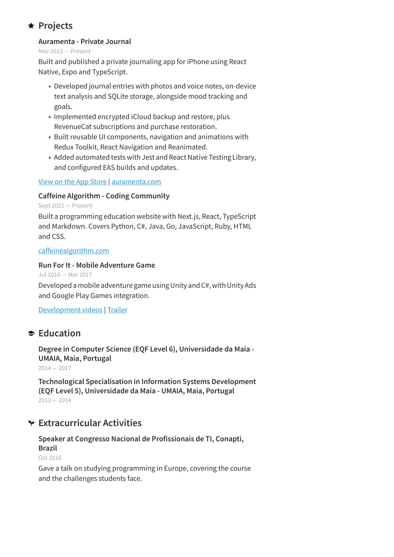 Resume page 2: Auramenta and other projects, education and speaking experience. Open the PDF for selectable text.